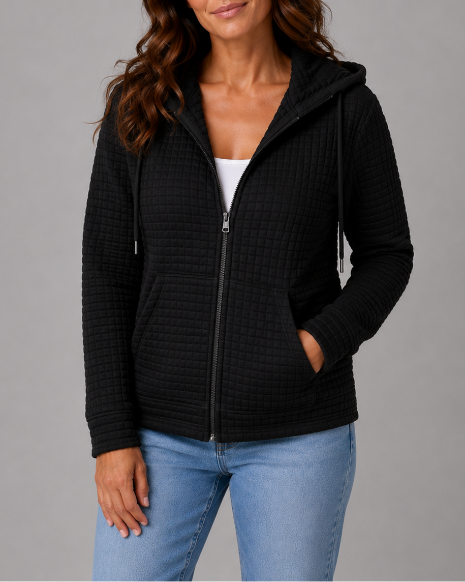 Women's Textured Hooded Jacket | Zip Up Drawstring Cardigan with Pockets