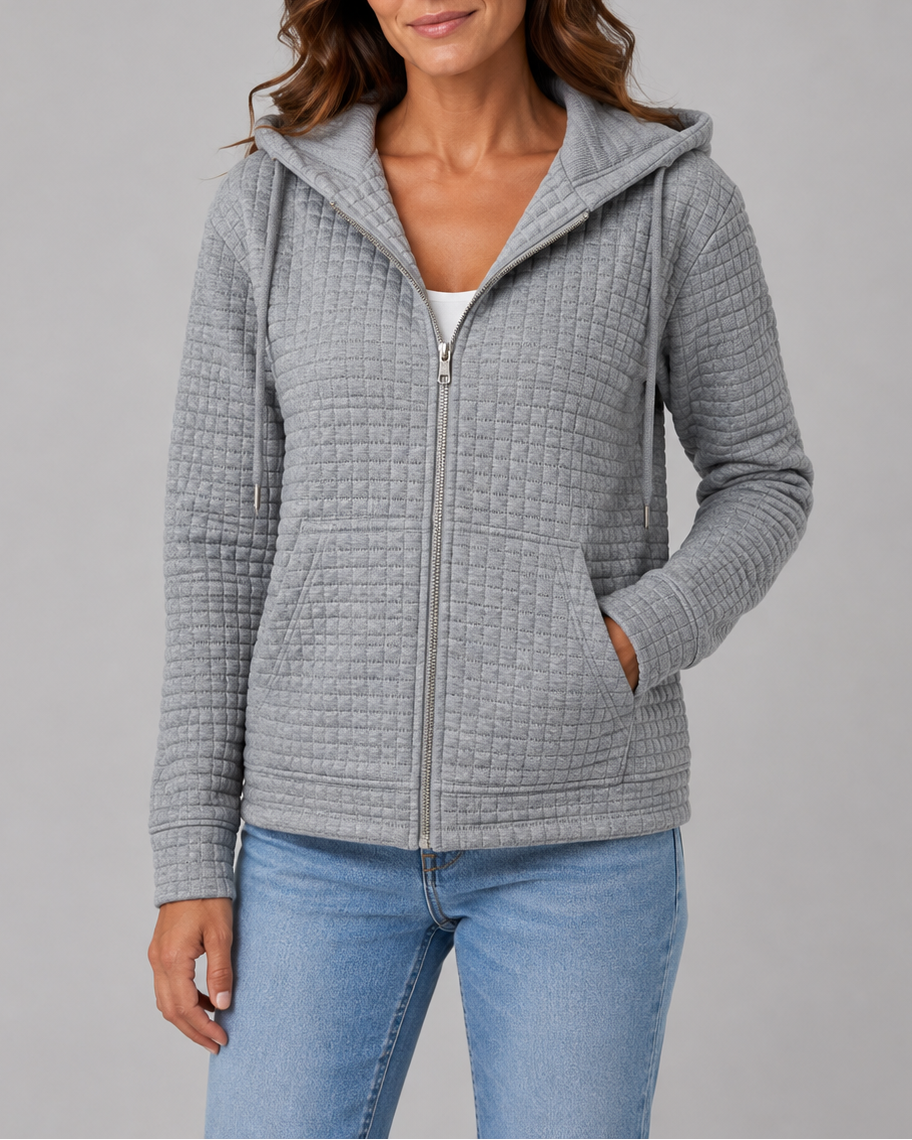 Women's Textured Hooded Jacket | Zip Up Drawstring Cardigan with Pockets