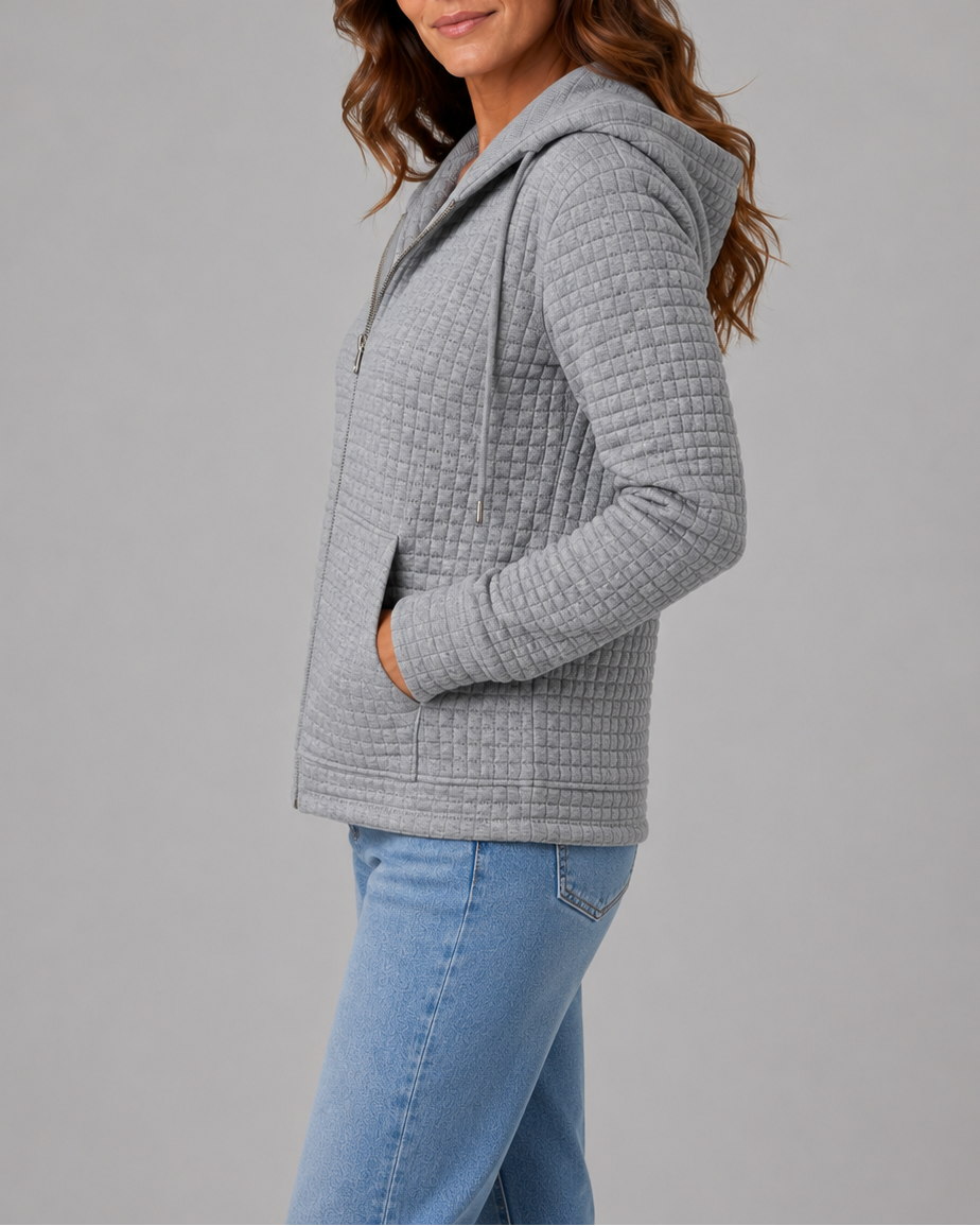 Women's Textured Hooded Jacket | Zip Up Drawstring Cardigan with Pockets