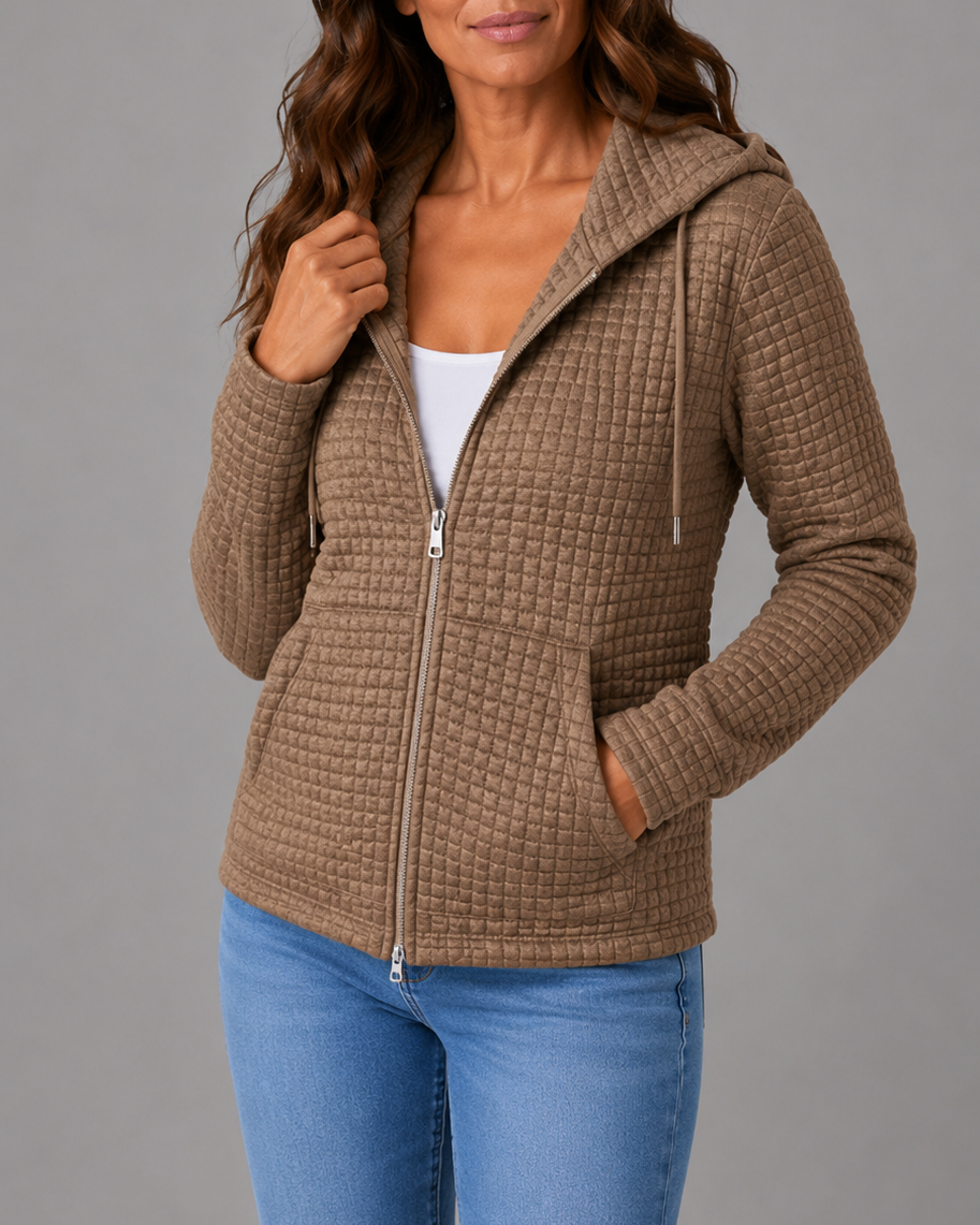 Women's Textured Hooded Jacket | Zip Up Drawstring Cardigan with Pockets