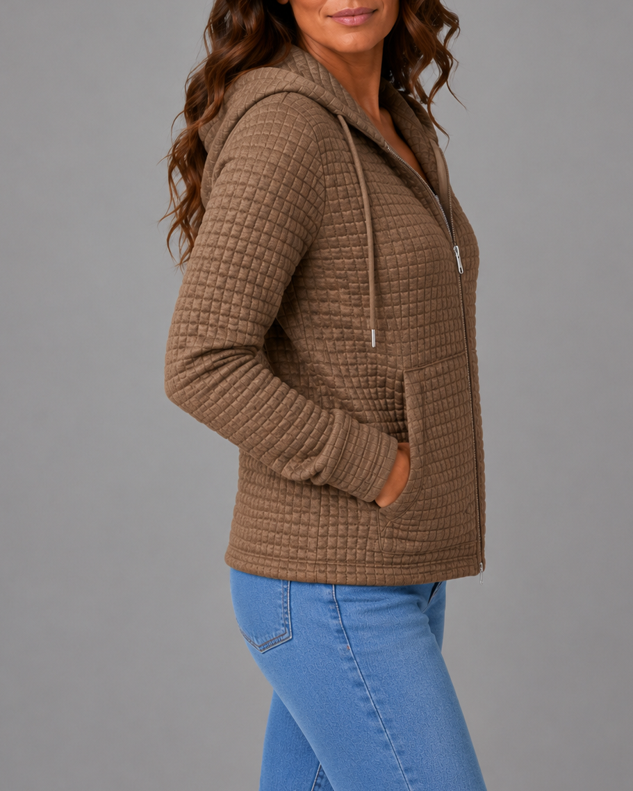 Women's Textured Hooded Jacket | Zip Up Drawstring Cardigan with Pockets