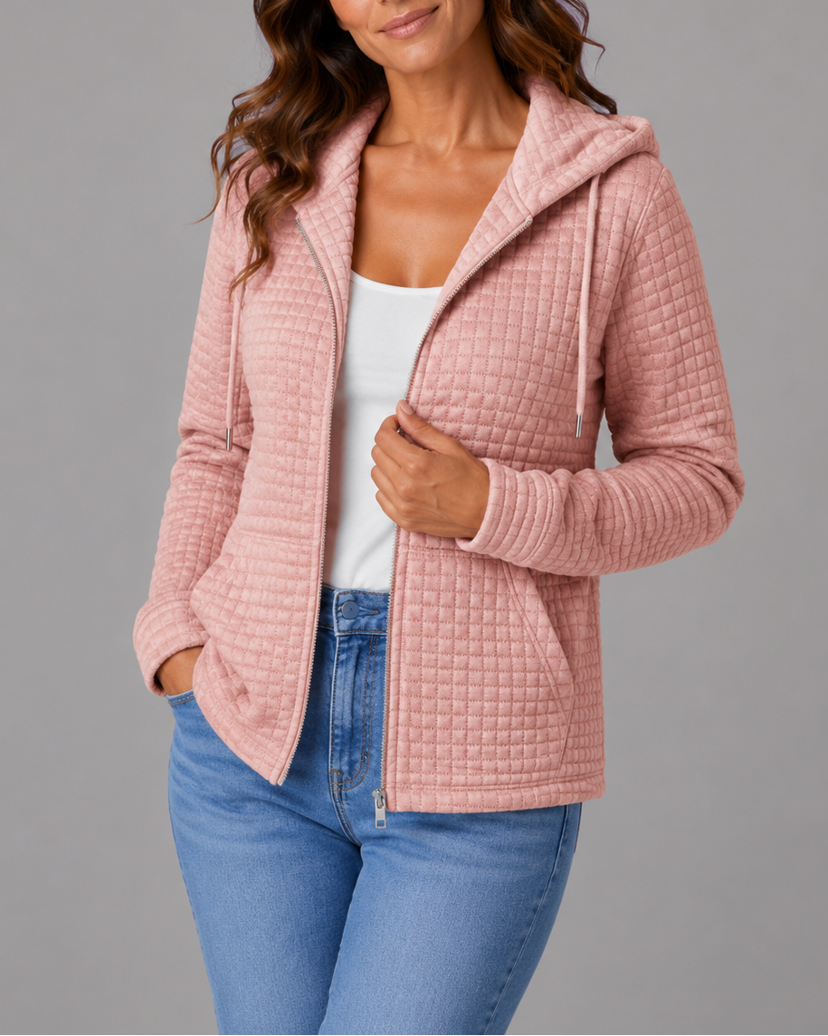 Women's Textured Hooded Jacket | Zip Up Drawstring Cardigan with Pockets