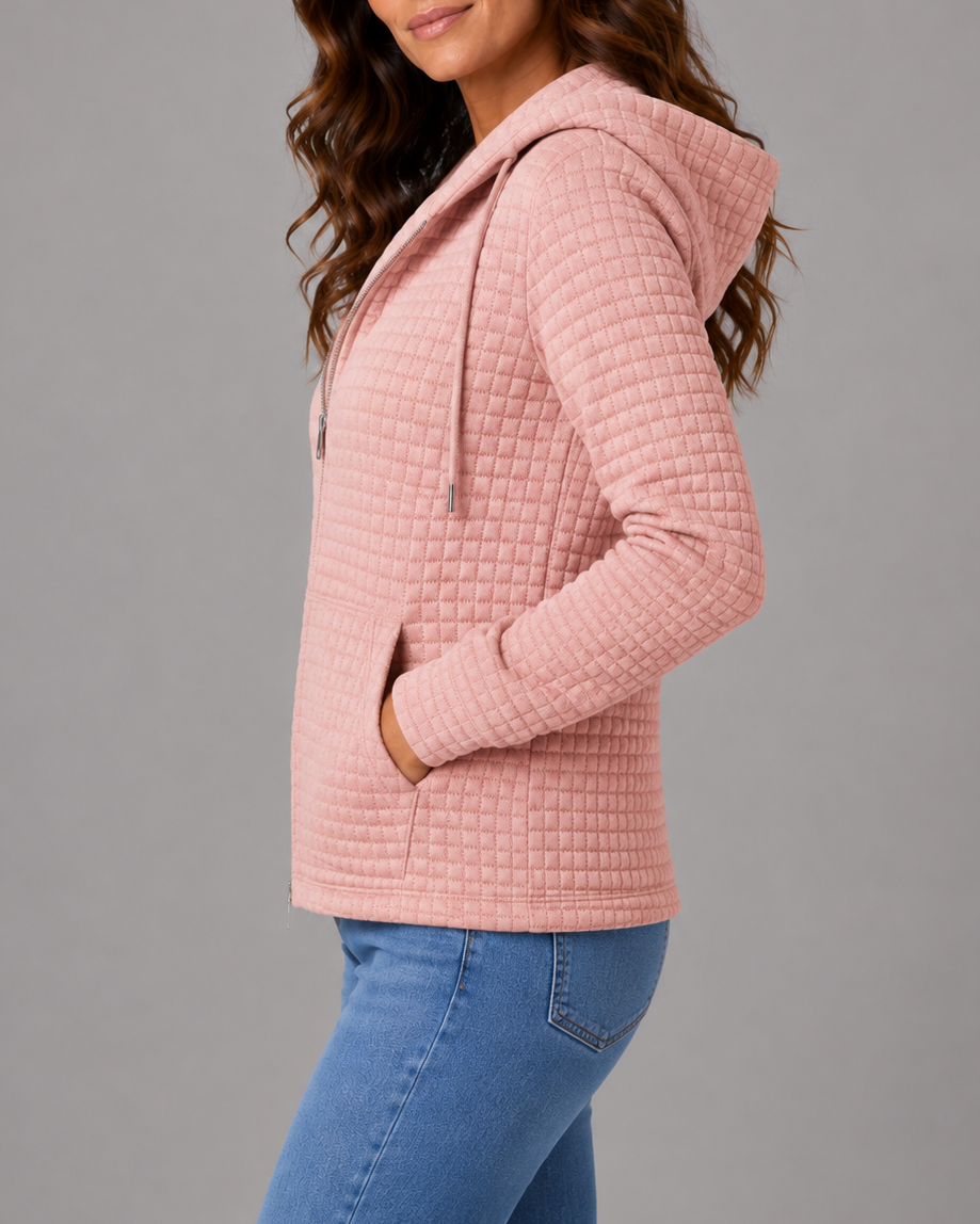Women's Textured Hooded Jacket | Zip Up Drawstring Cardigan with Pockets