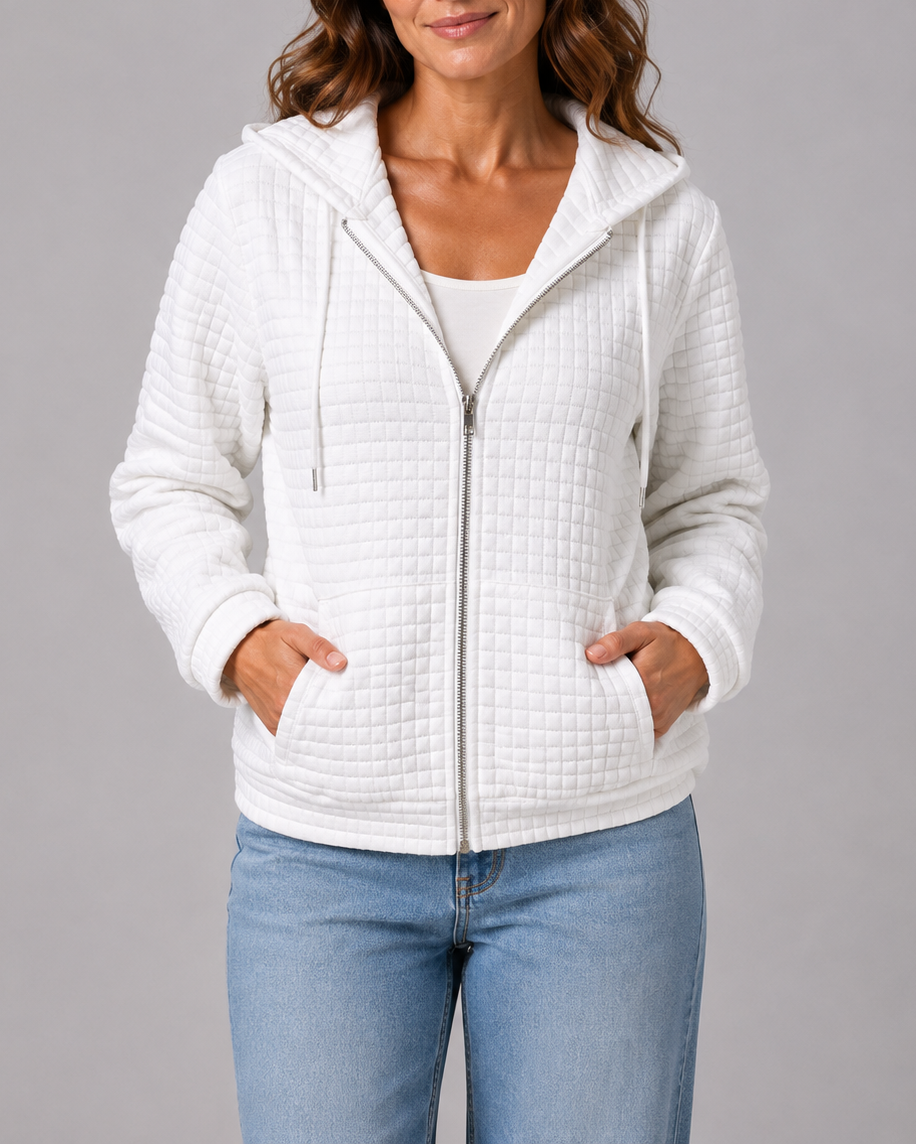 Women's Textured Hooded Jacket | Zip Up Drawstring Cardigan with Pockets