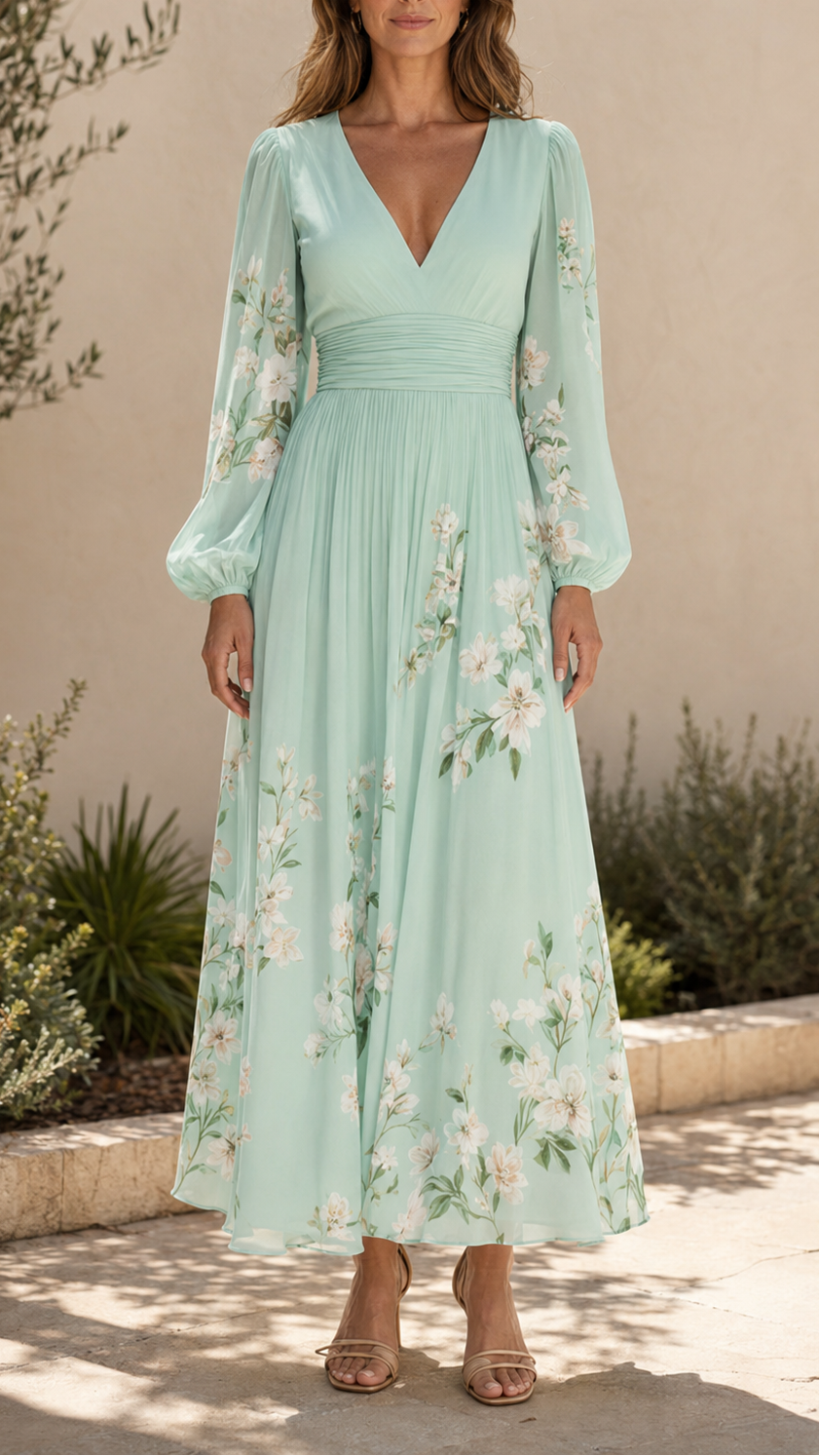 Women's Floral Chiffon V Neck A Line Midi Dress