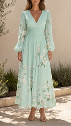 Women's Floral Chiffon V Neck A Line Midi Dress
