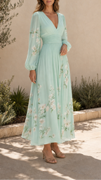 Women's Floral Chiffon V Neck A Line Midi Dress