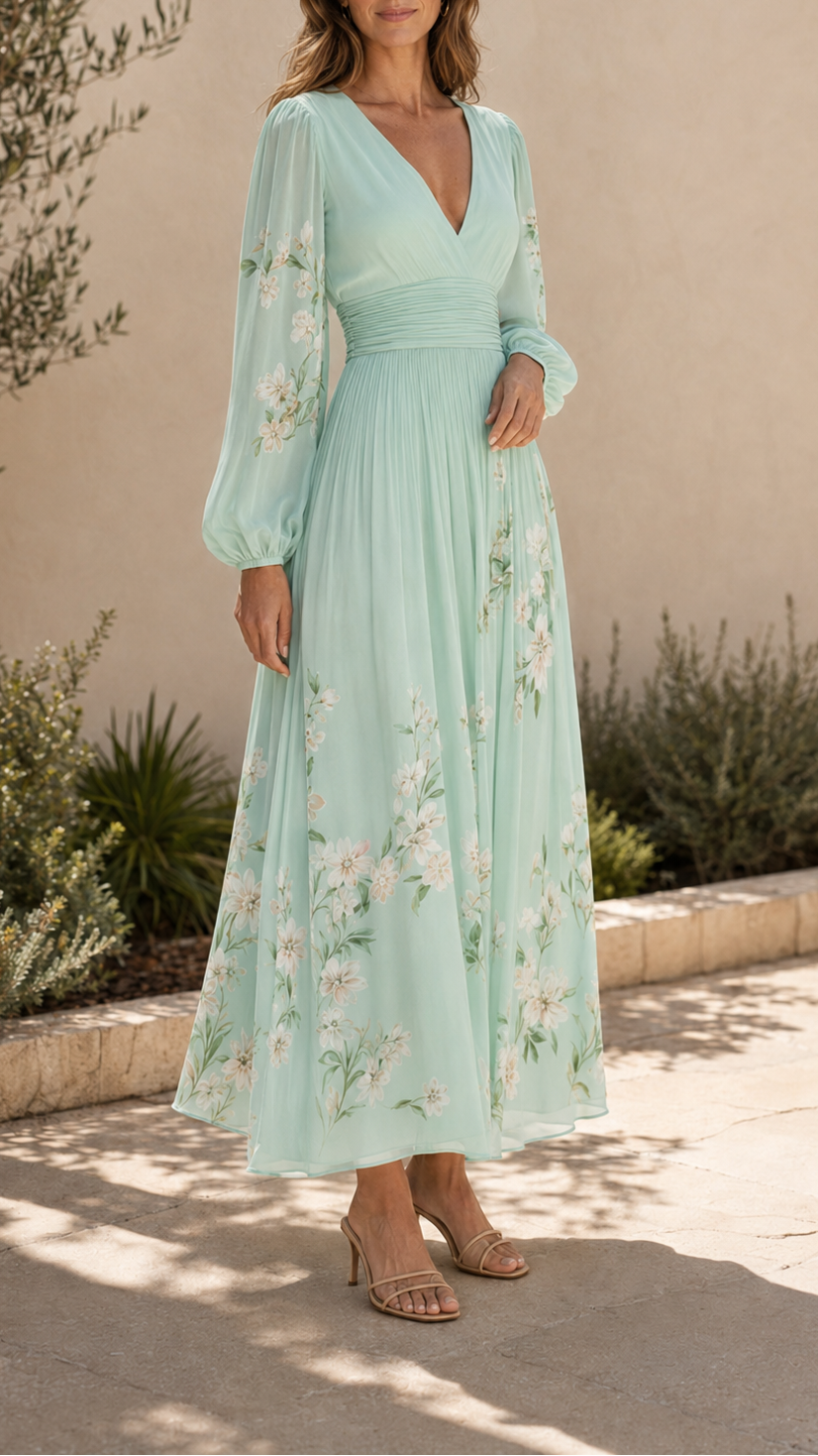 Women's Floral Chiffon V Neck A Line Midi Dress