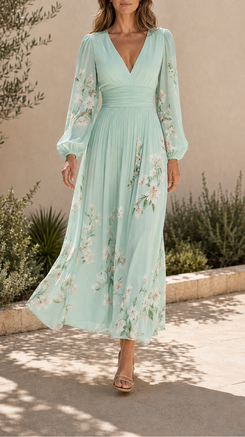 Women's Floral Chiffon V Neck A Line Midi Dress