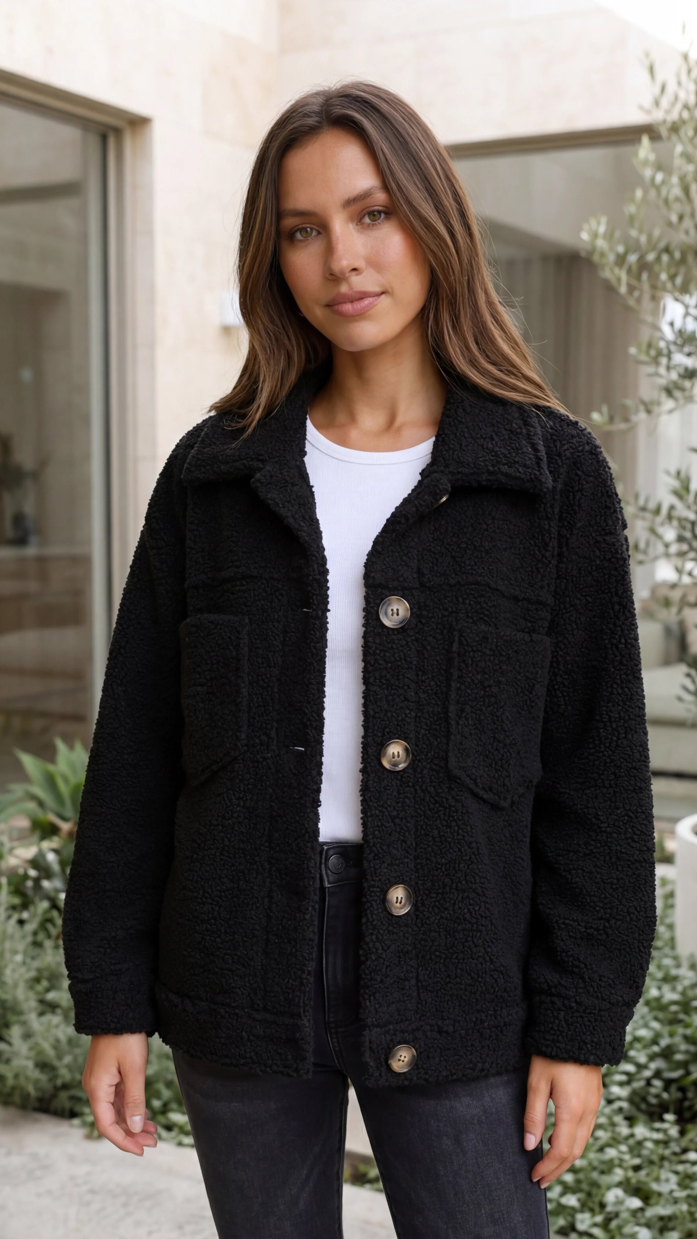 Women's Collared Button Front Teddy Sherpa Jacket with Pockets
