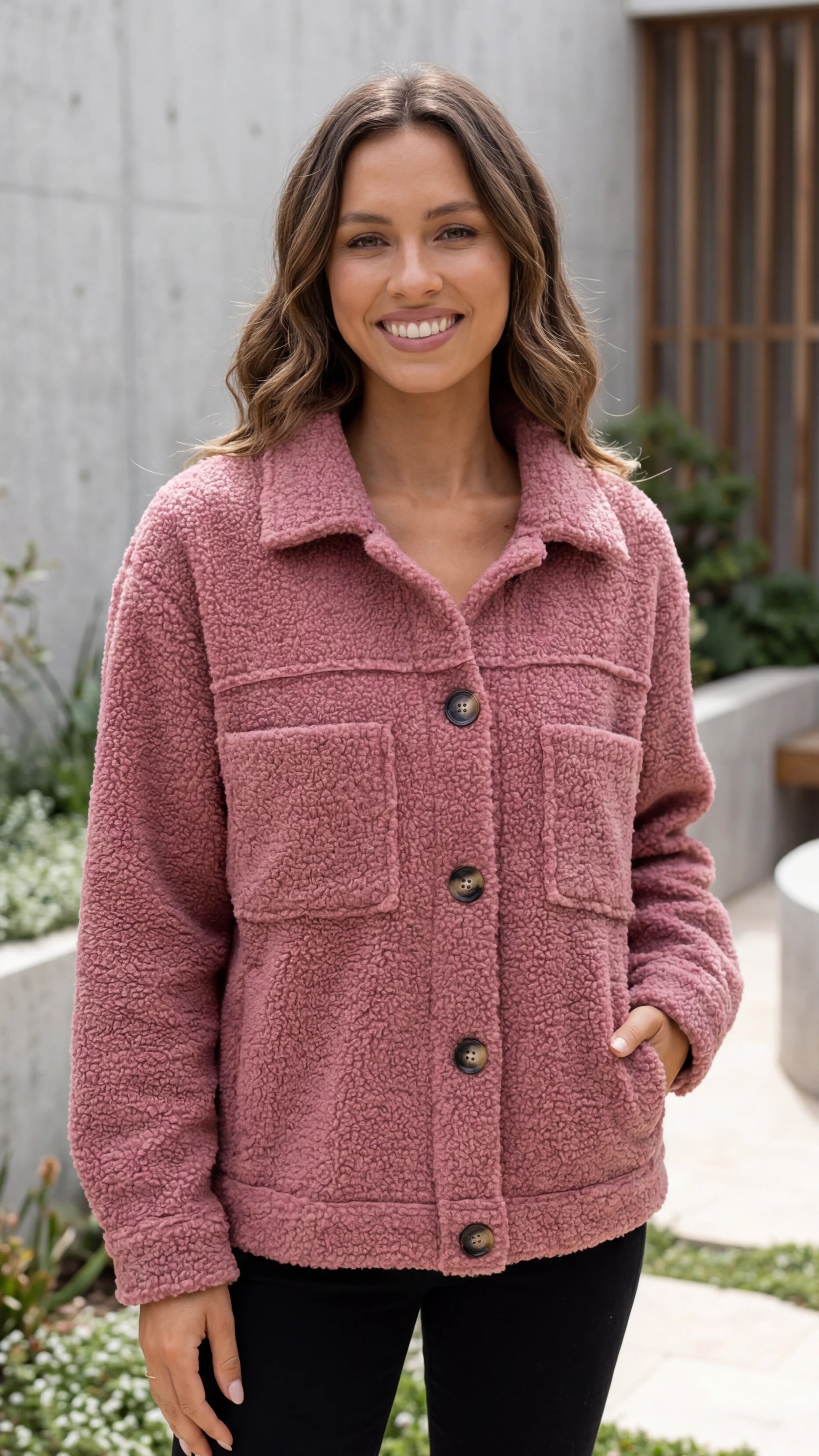 Women's Collared Button Front Teddy Sherpa Jacket with Pockets