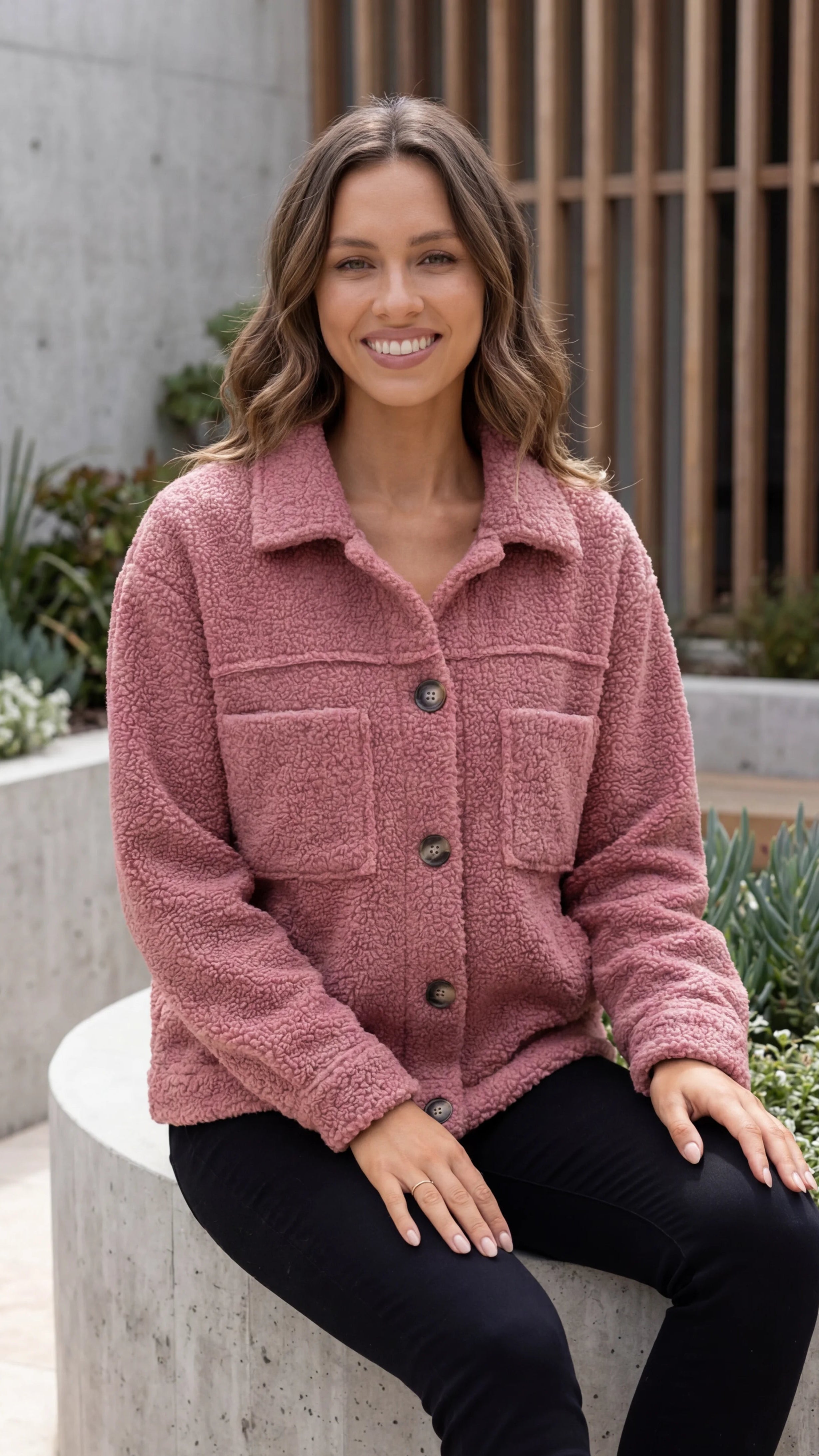 Women's Collared Button Front Teddy Sherpa Jacket with Pockets