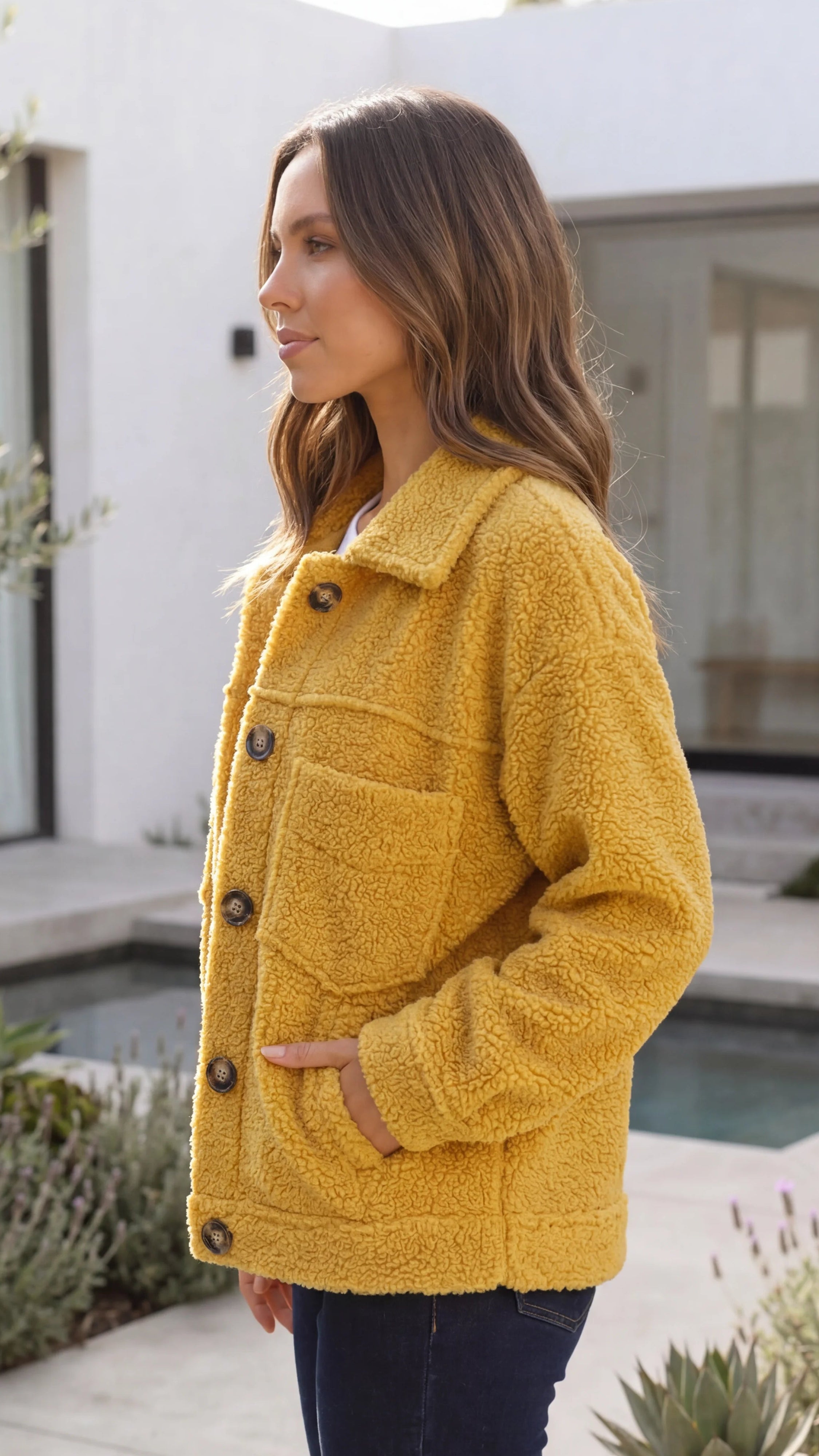 Women's Collared Button Front Teddy Sherpa Jacket with Pockets