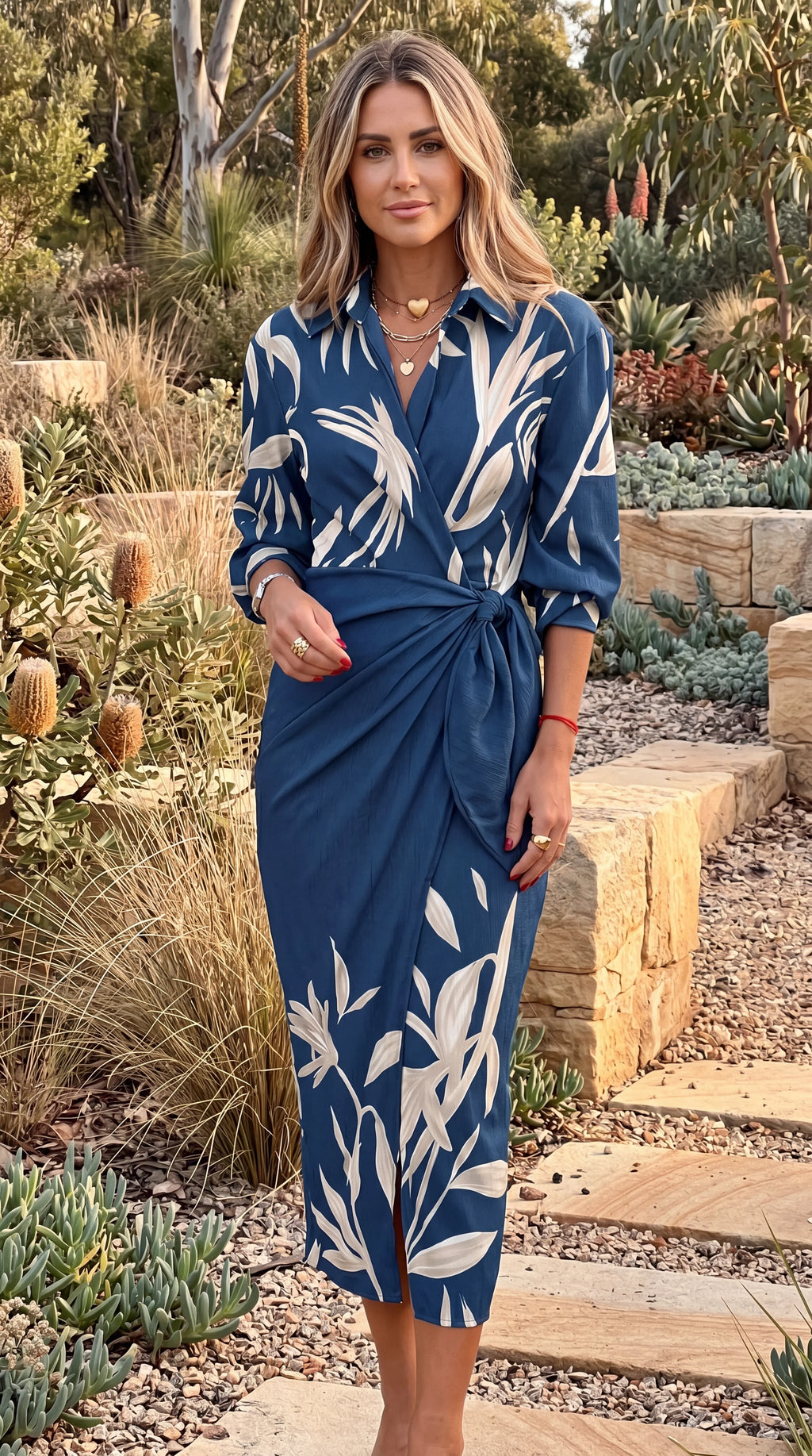 Women's Collared Long Sleeve Abstract Print Wrap Midi Dress