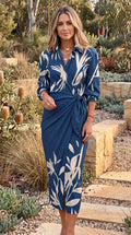 Women's Collared Long Sleeve Abstract Print Wrap Midi Dress