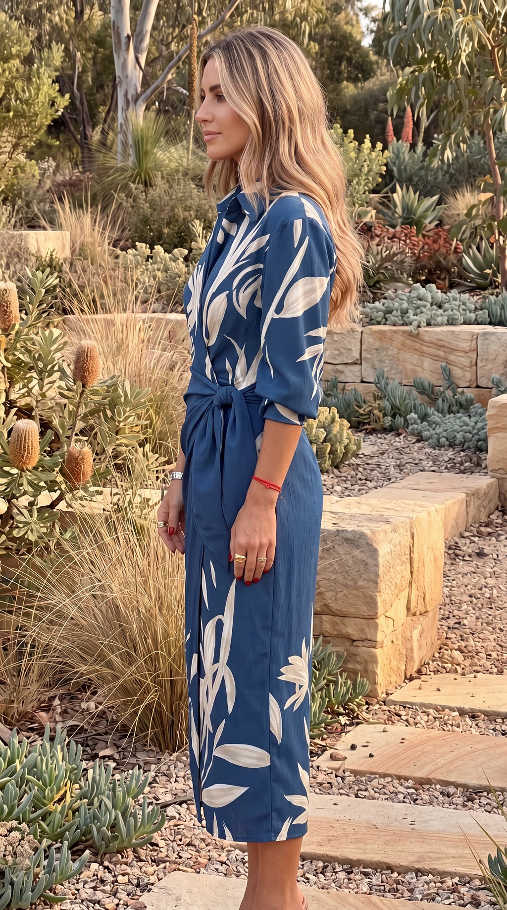 Women's Collared Long Sleeve Abstract Print Wrap Midi Dress