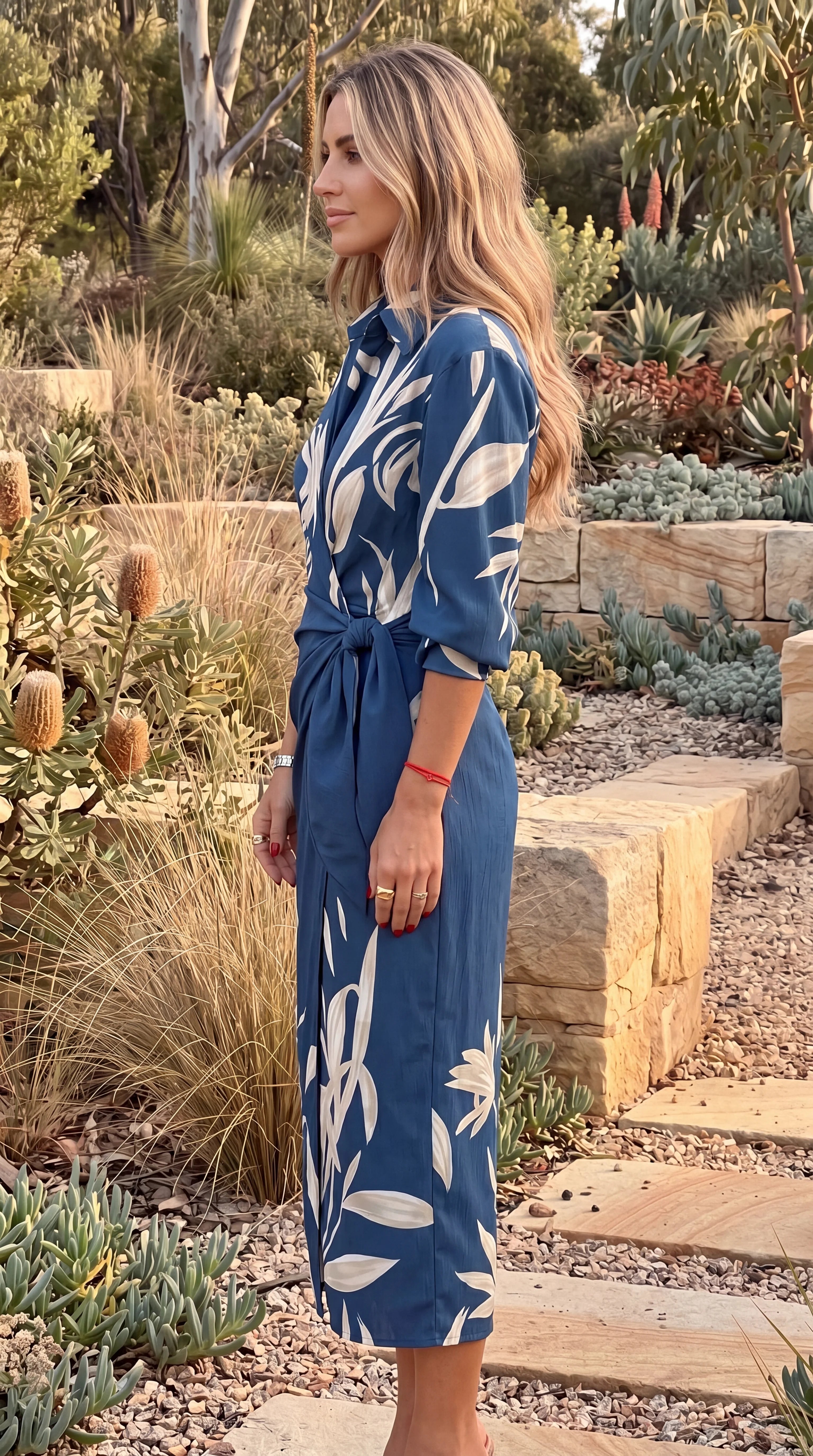 Women's Collared Long Sleeve Abstract Print Wrap Midi Dress