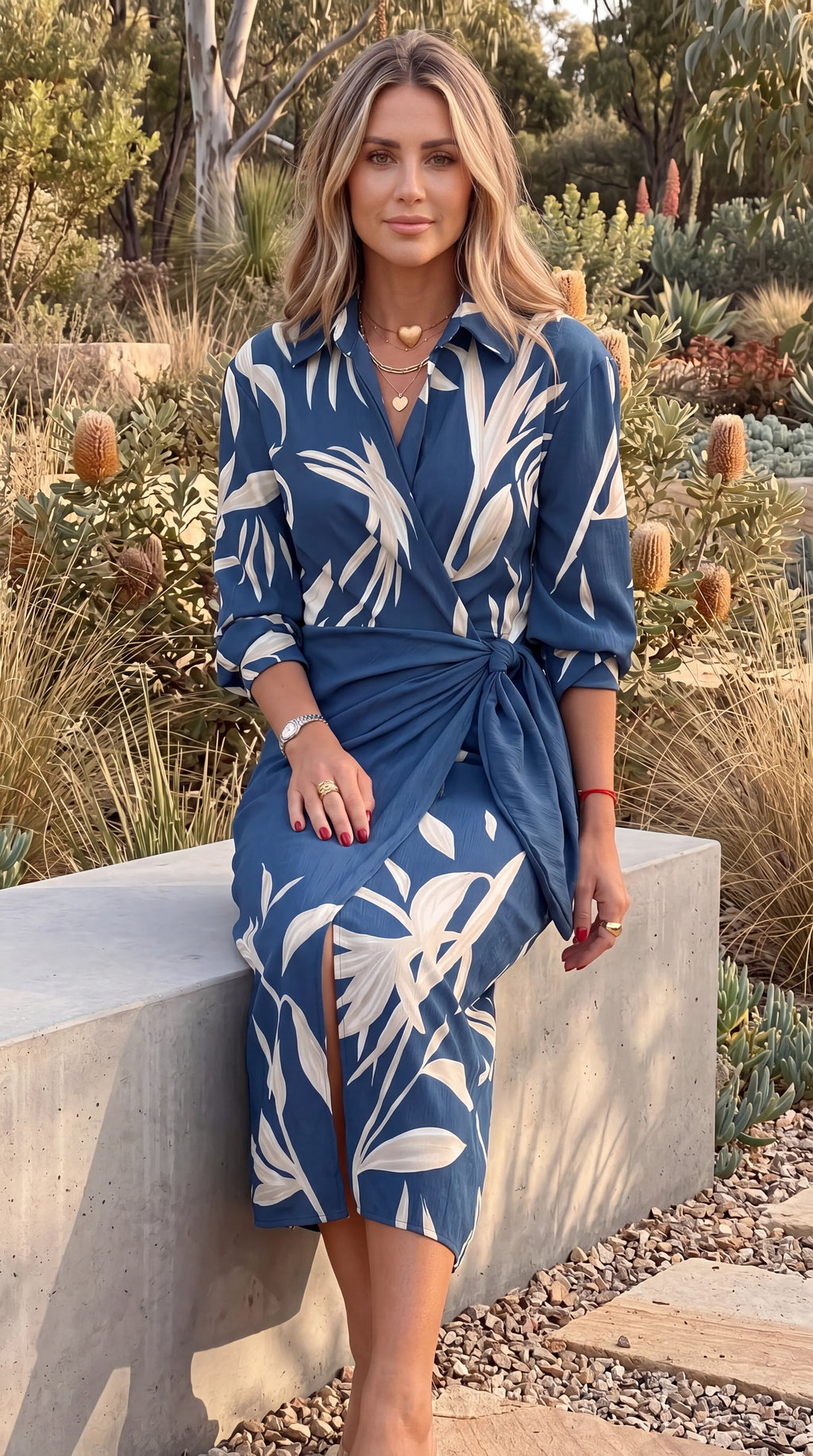 Women's Collared Long Sleeve Abstract Print Wrap Midi Dress