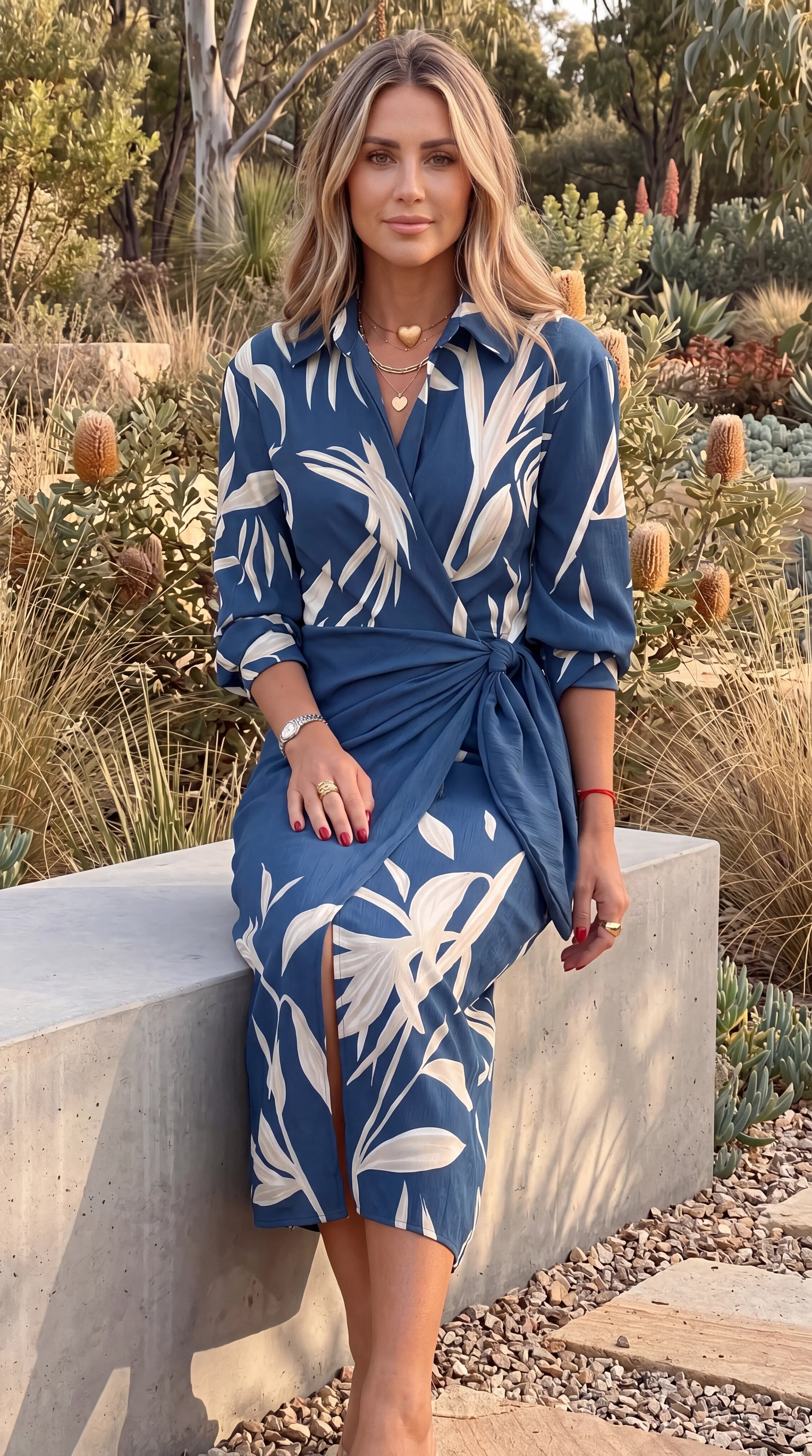 Women's Collared Long Sleeve Abstract Print Wrap Midi Dress