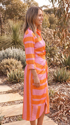 Women's Collared Long Sleeve Abstract Print Wrap Midi Dress