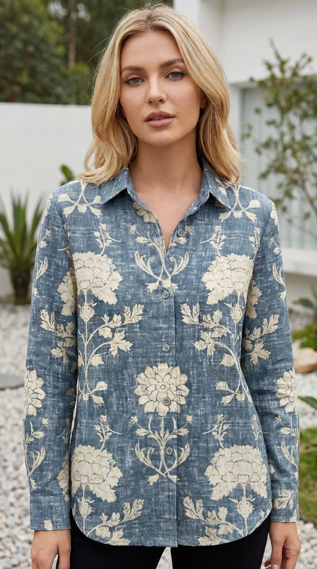 Women's Collared Long Sleeve Printed Button-Up Shirt