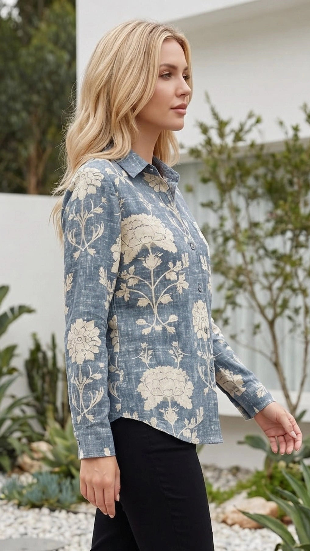Women's Collared Long Sleeve Printed Button-Up Shirt