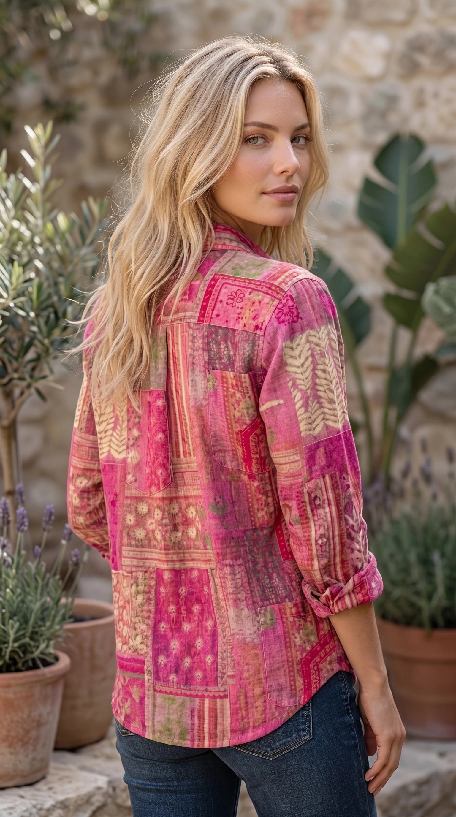 Women's Collared Long Sleeve Printed Button-Up Shirt