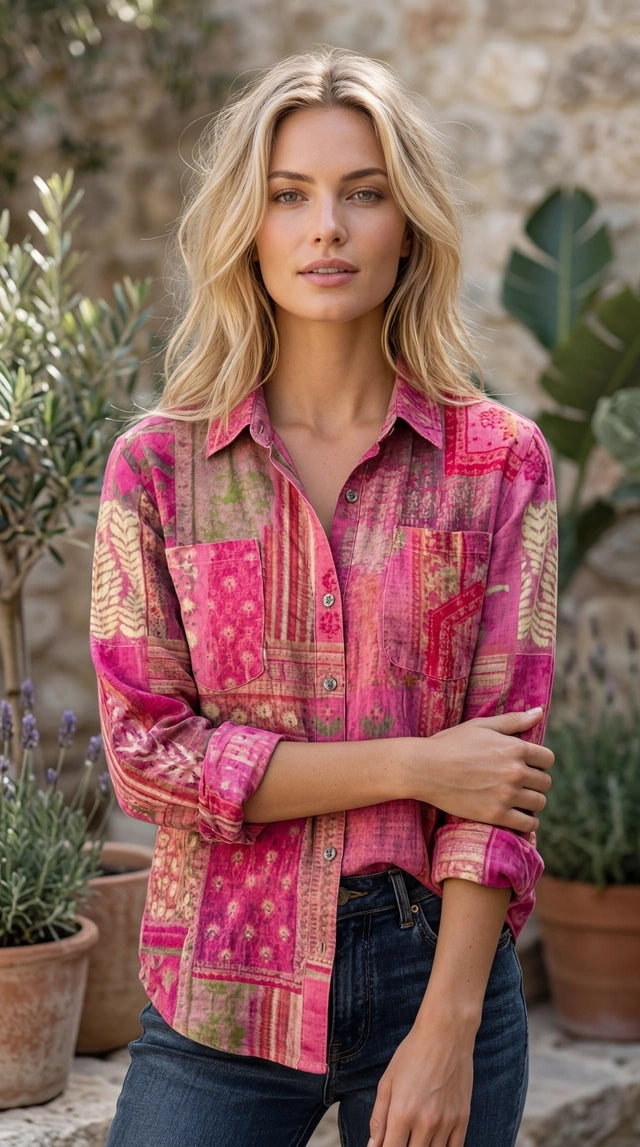 Women's Collared Long Sleeve Printed Button-Up Shirt
