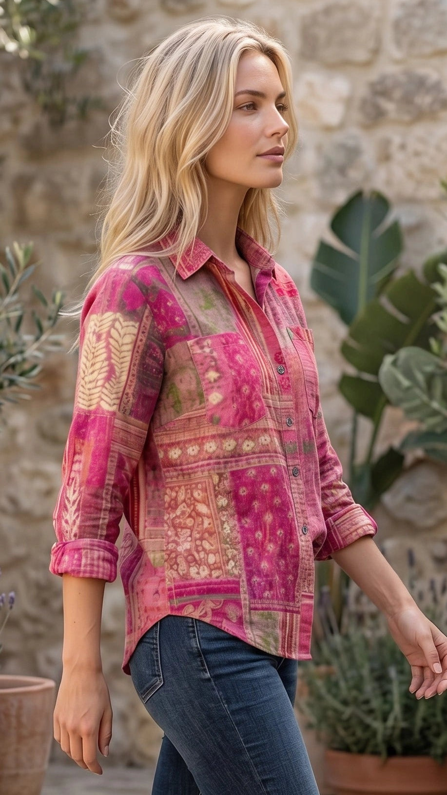 Women's Collared Long Sleeve Printed Button-Up Shirt
