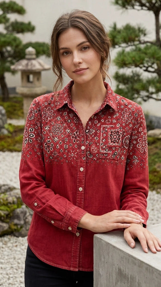 Women's Collared Long Sleeve Printed Button-Up Shirt