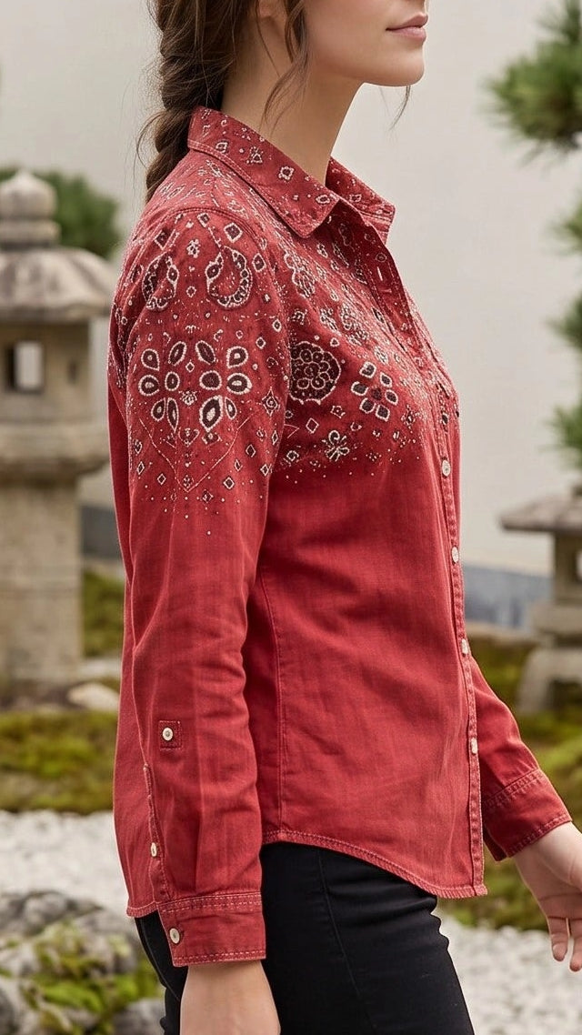 Women's Collared Long Sleeve Printed Button-Up Shirt