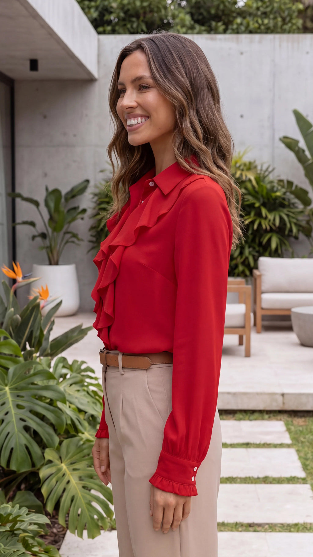 Women's Collared Long Sleeve Ruffle Front Button-Up Blouse