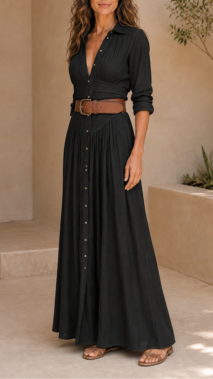 Women's Boho Maxi Dress | Belted Button Down Split Shirt Dress
