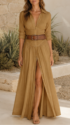 Women's Boho Maxi Dress | Belted Button Down Split Shirt Dress