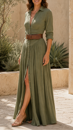 Women's Boho Maxi Dress | Belted Button Down Split Shirt Dress