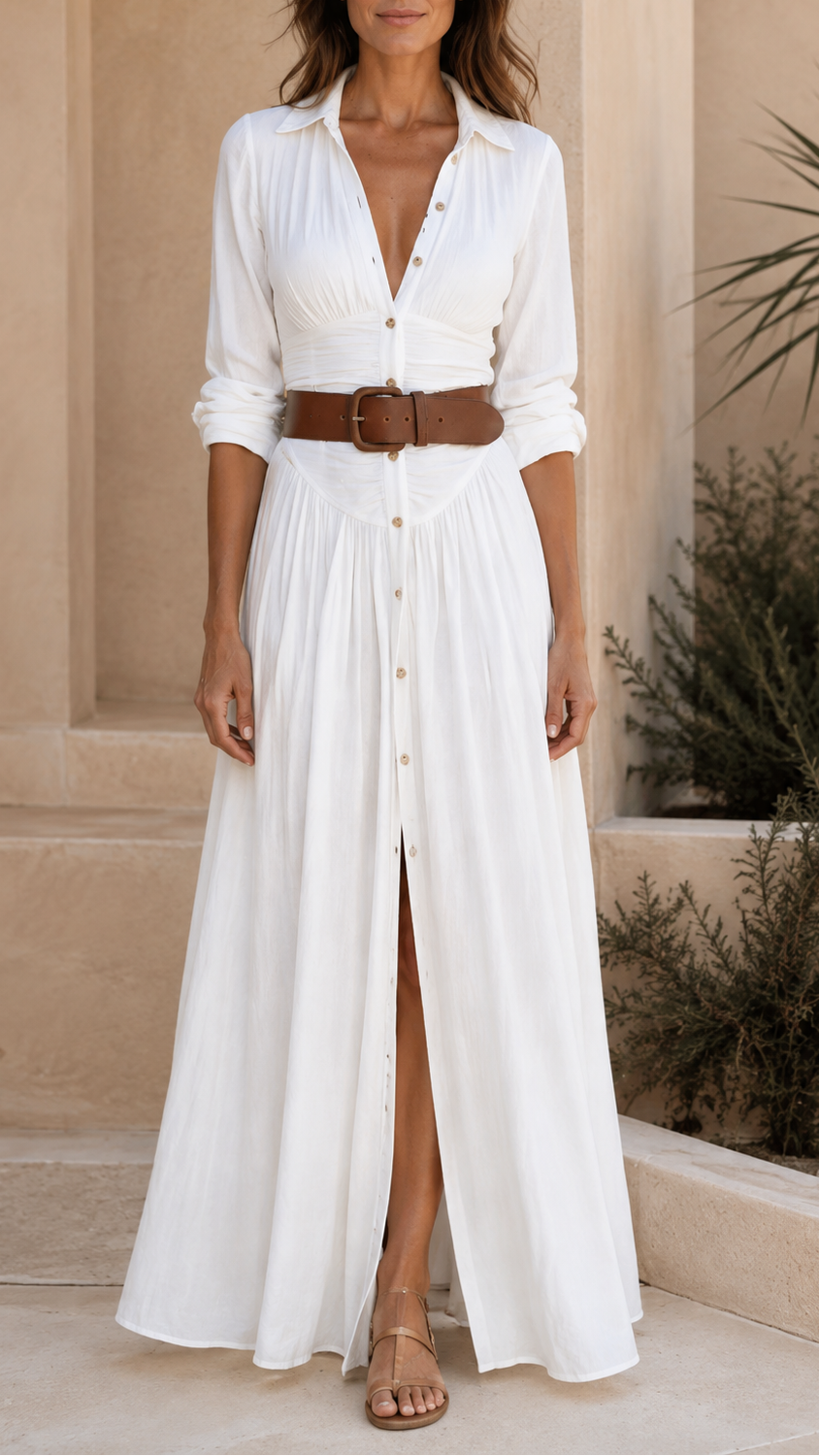 Women's Boho Maxi Dress | Belted Button Down Split Shirt Dress