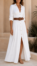 Women's Boho Maxi Dress | Belted Button Down Split Shirt Dress