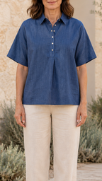 Women's Collared Shirt | Button Short Sleeve Relaxed Blouse