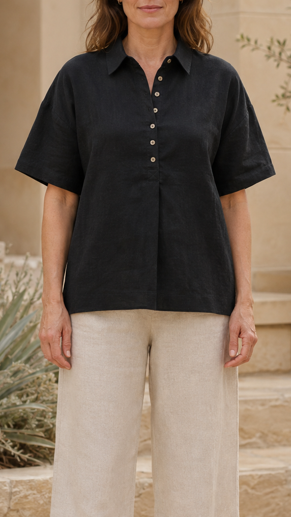Women's Collared Shirt | Button Short Sleeve Relaxed Blouse
