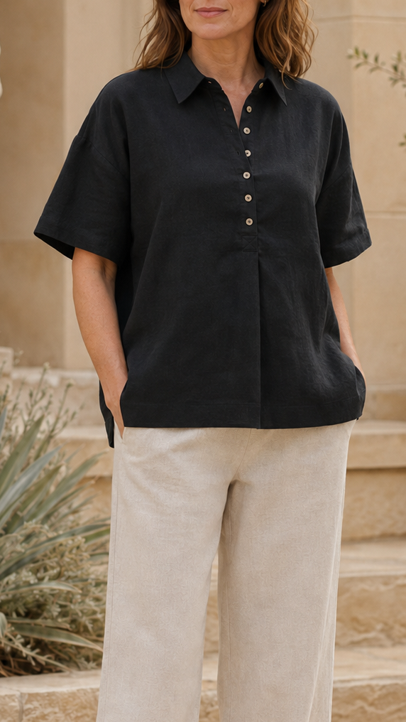Women's Collared Shirt | Button Short Sleeve Relaxed Blouse