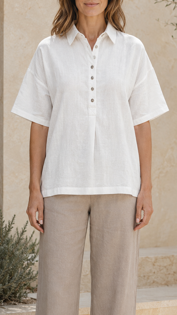 Women's Collared Shirt | Button Short Sleeve Relaxed Blouse