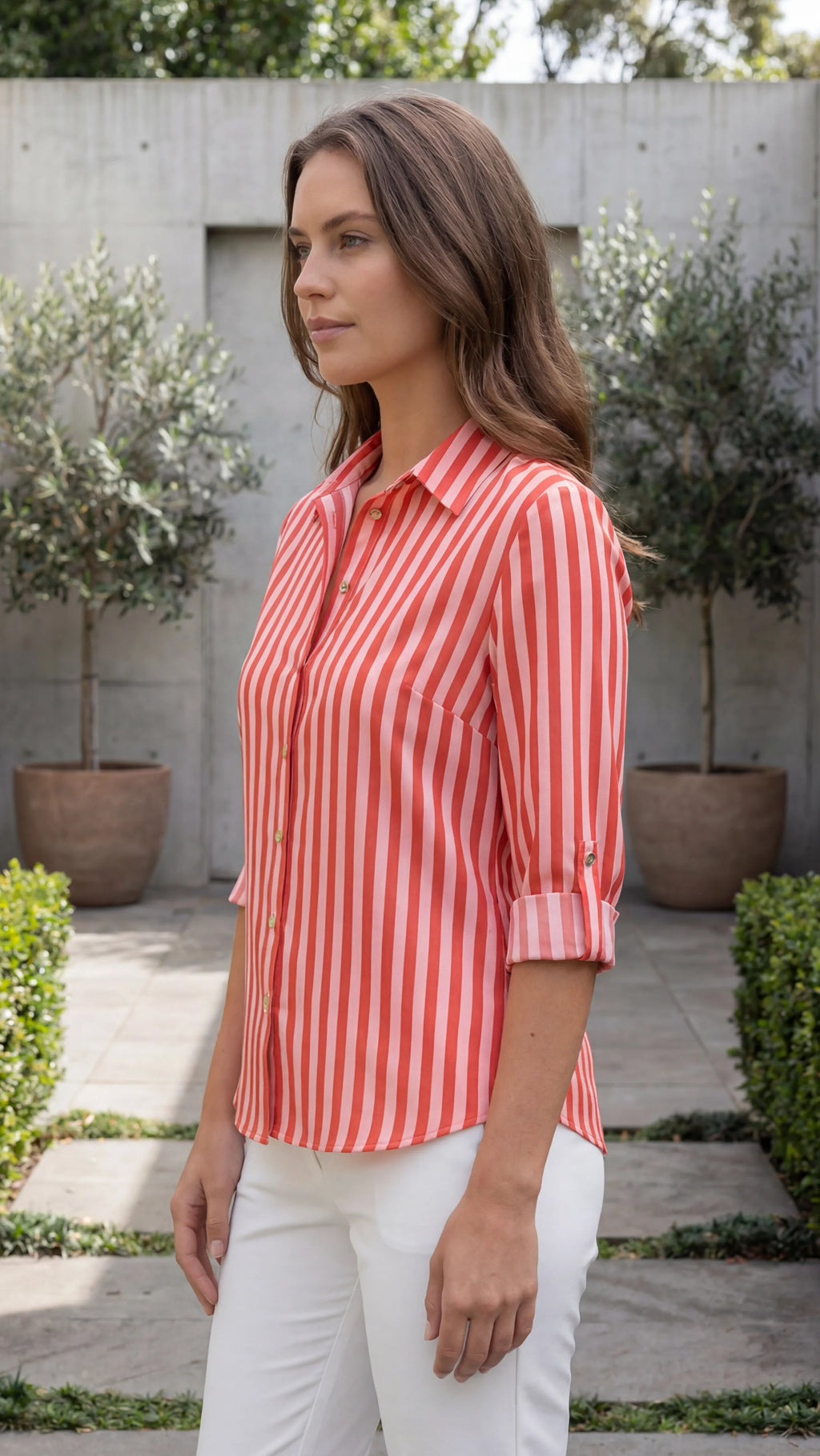 Women's Collared Long Sleeve Striped Button-Up Shirt
