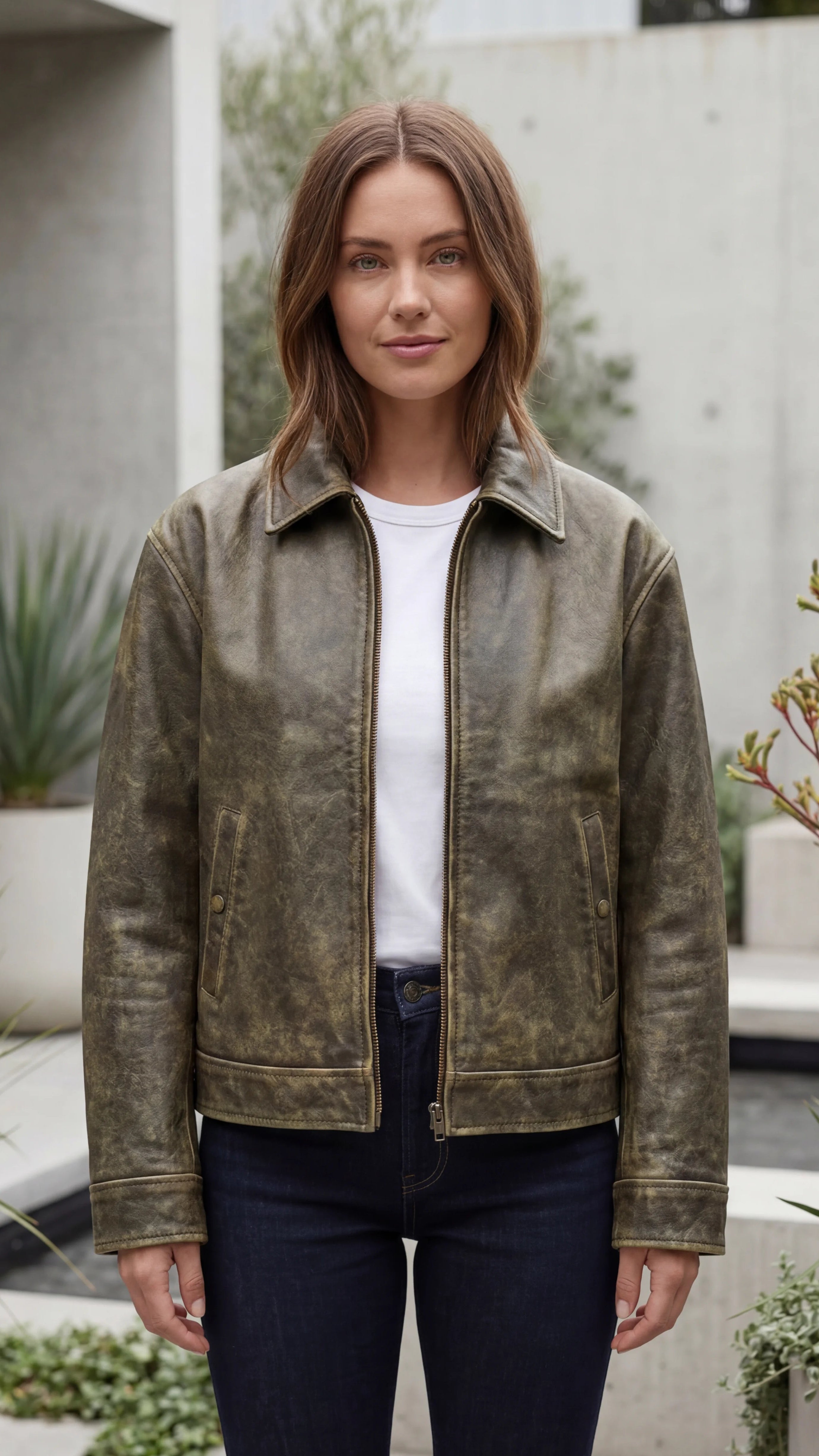 Women's Collared Zip Front Faux Leather Biker Jacket with Pockets