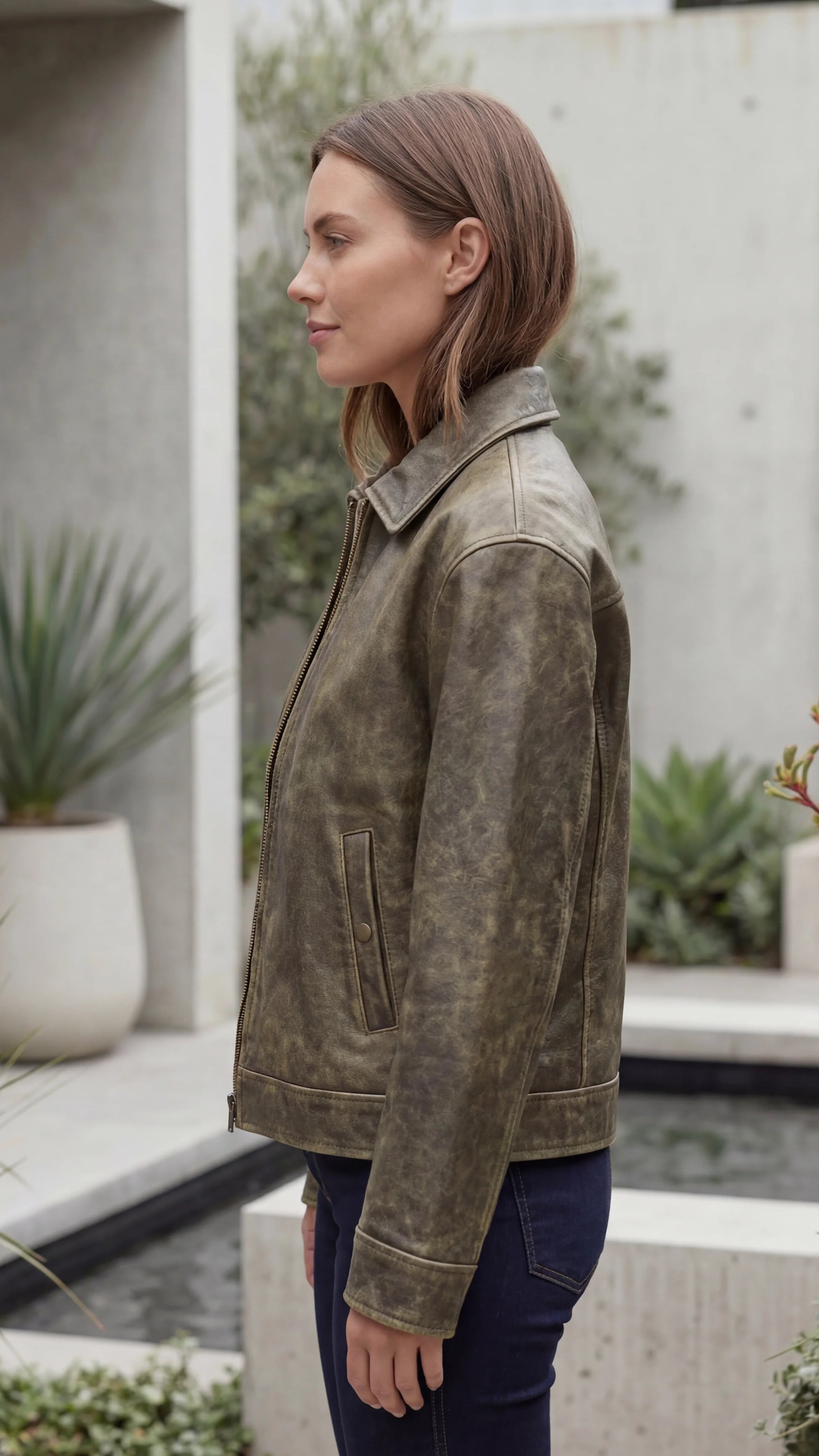 Women's Collared Zip Front Faux Leather Biker Jacket with Pockets