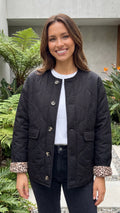 Women's Button Front Quilted Jacket with Leopard Print Cuff