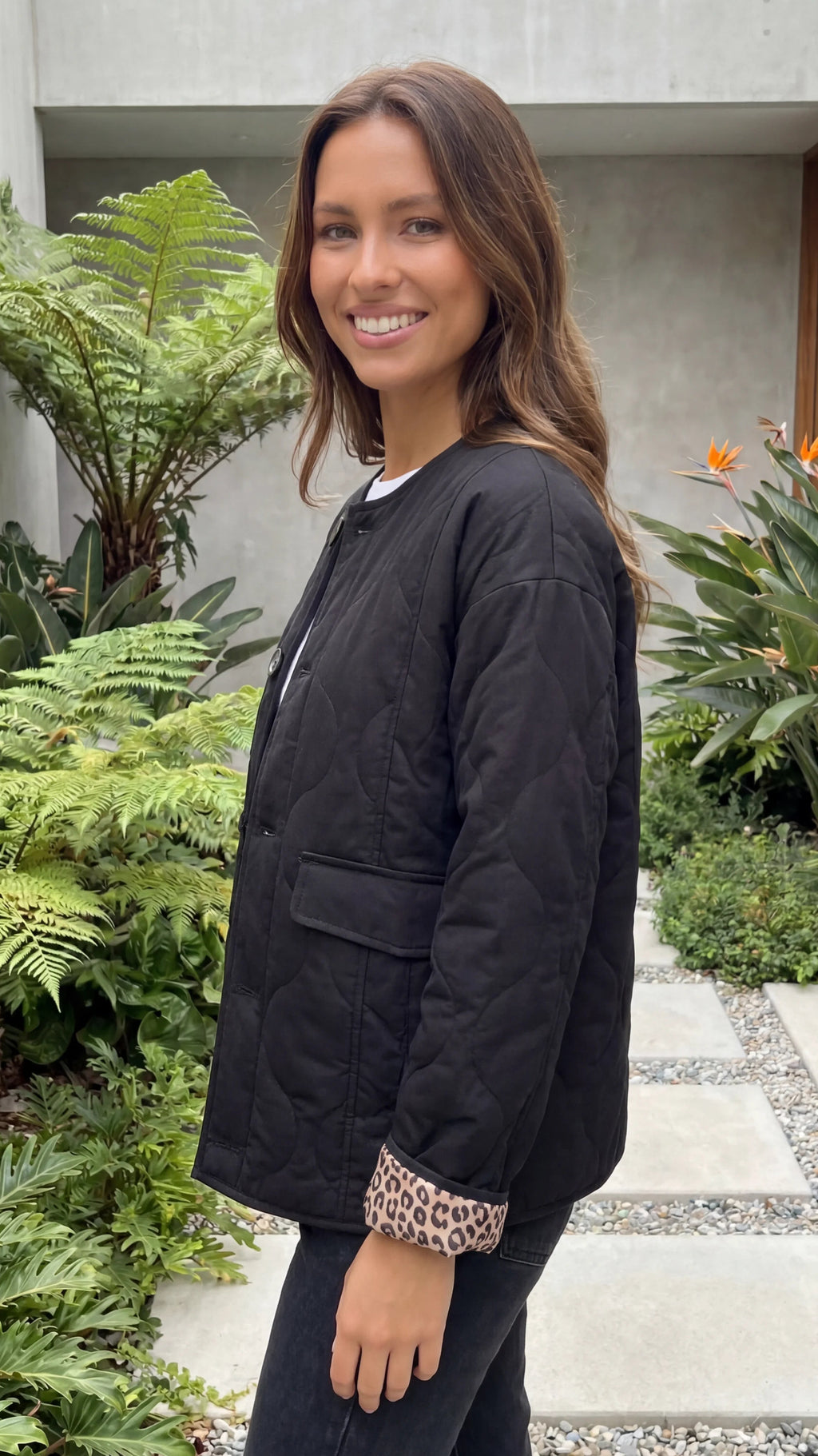 Women's Button Front Quilted Jacket with Leopard Print Cuff