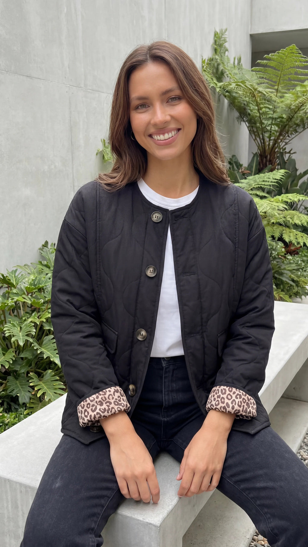 Women's Button Front Quilted Jacket with Leopard Print Cuff