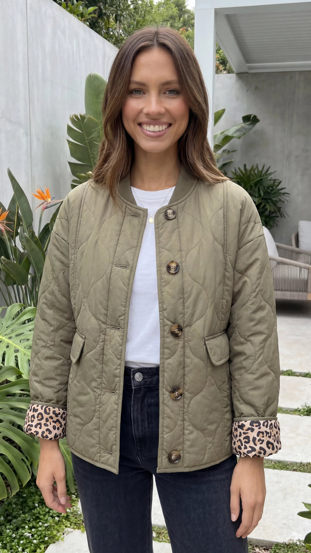 Women's Button Front Quilted Jacket with Leopard Print Cuff