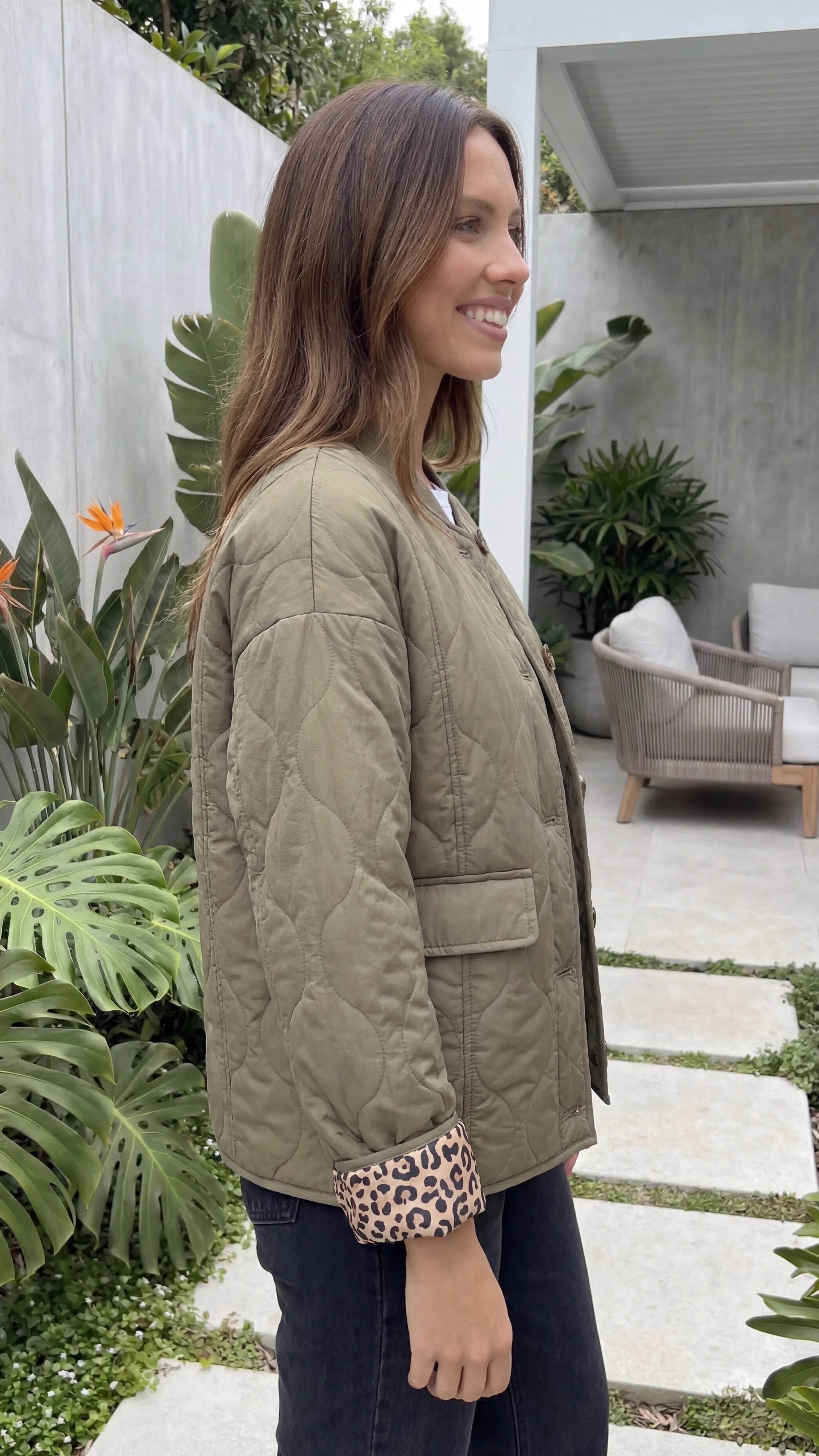 Women's Button Front Quilted Jacket with Leopard Print Cuff