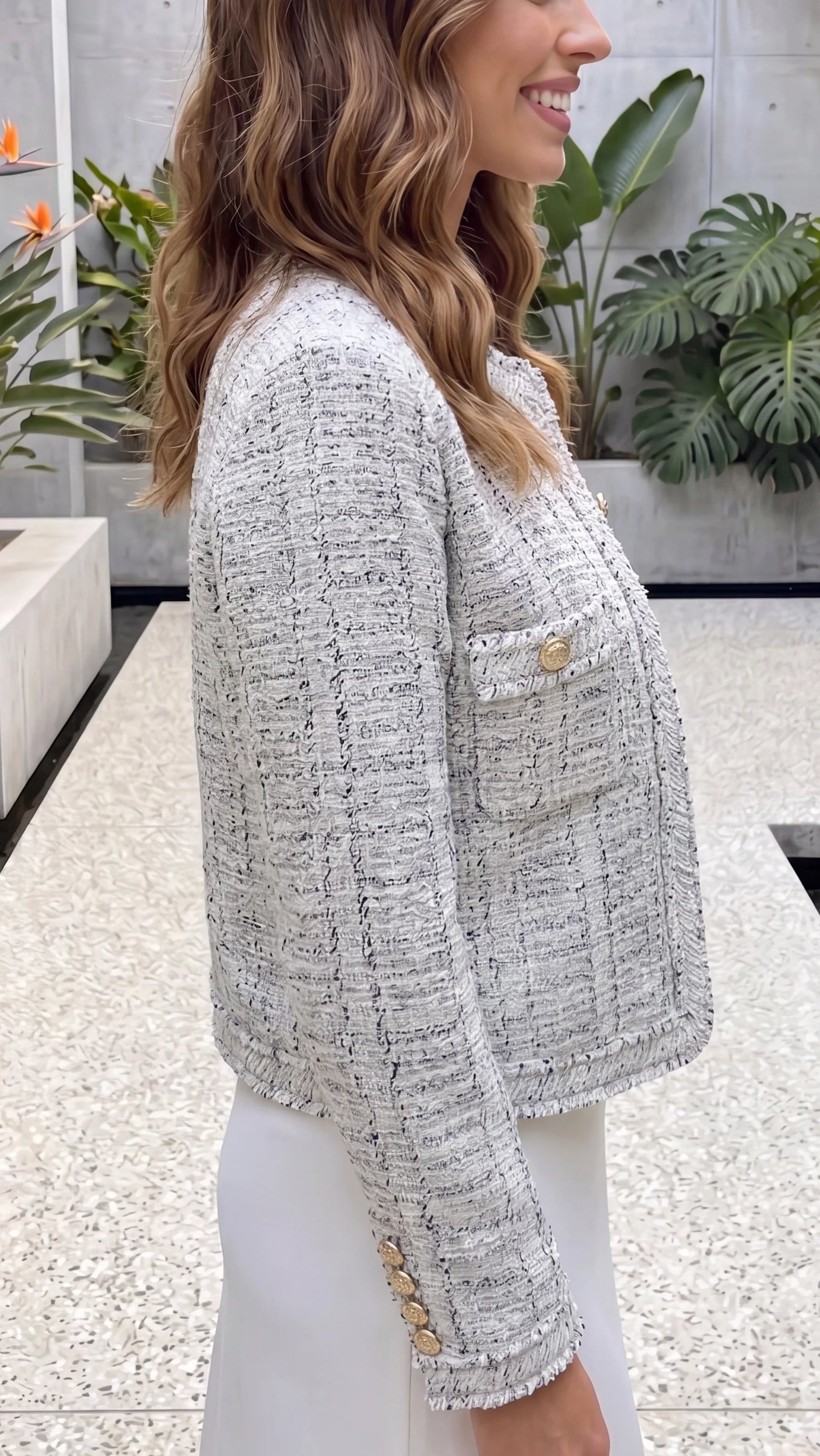 Women's Textured Tweed Button Front Jacket